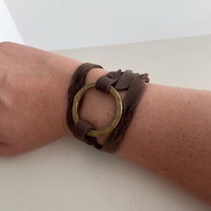 Brown Leather and Brass Ring Wrap Bracelet